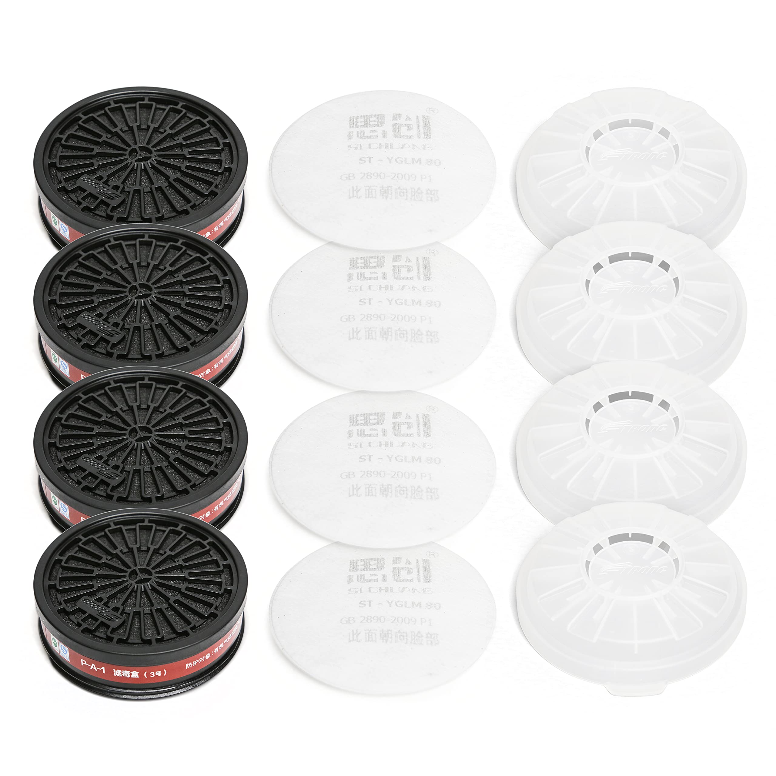 Replaceable Filter Cartridges Set - P-A-1 LDY3 Dual Respirator Filters - Fits Full Face Masks 80mm - 4 Carbon Filter Cartridges, 4 Cotton Filters, 4 Filter Covers. (4 Sets)