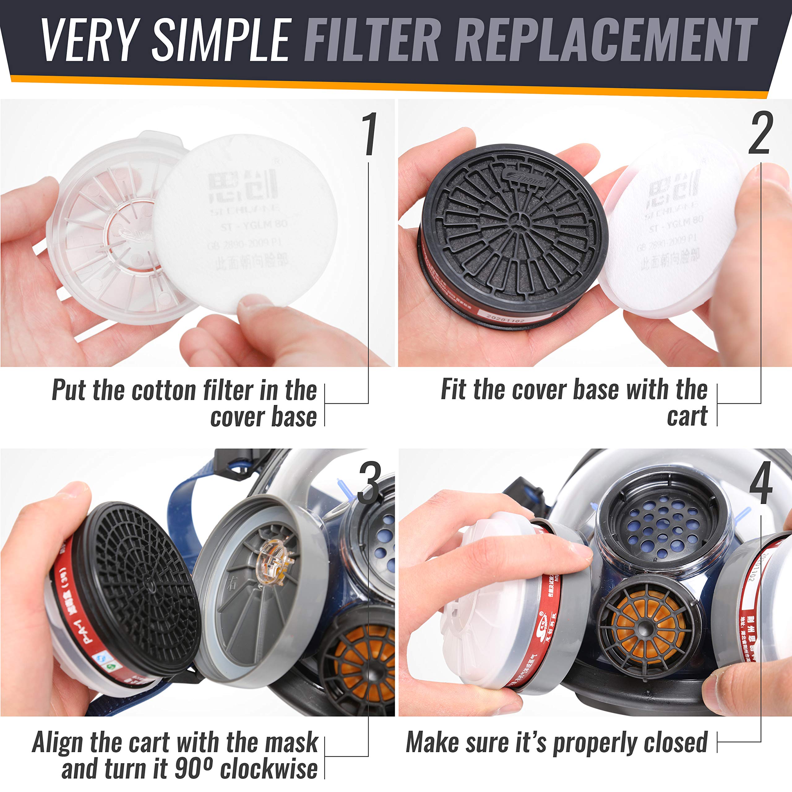 Replaceable Filter Cartridges Set - P-A-1 LDY3 Dual Respirator Filters - Fits Full Face Masks 80mm - 4 Carbon Filter Cartridges, 4 Cotton Filters, 4 Filter Covers. (4 Sets)
