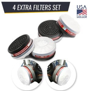 Replaceable Filter Cartridges Set - P-A-1 LDY3 Dual Respirator Filters - Fits Full Face Masks 80mm - 4 Carbon Filter Cartridges, 4 Cotton Filters, 4 Filter Covers. (4 Sets)