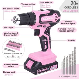 FASTPRO Pink Drill Set—20V Max Lithium-ion Cordless Drill Driver Set, 3/8 in. Drill Driver kit with One 1.5 Ah Batteries, Charger and Tool Bag