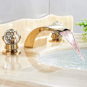 neierthodore led widespread bathroom faucet waterfall gold polished lavatory faucets basin mixer tap 2 crystal knobs 3 holes