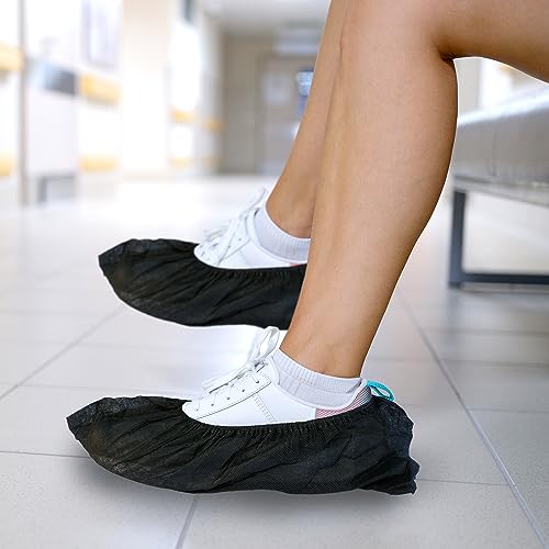 AMZ Medical Supply Black Polypropylene Shoe Covers 16"x6" for Indoors. Pack of 100 Disposable Shoe Covers 16 x 6 with Secure Elastic Seamless Bottom. Large 35 gsm Shoe Cover Non Slip for Indoor