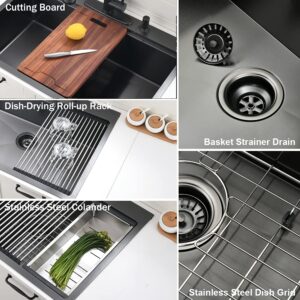 33x22-Inch Gunmetal Black Drop In Kitchen Sink - VOKIM 33 Inch Single Bowl 16 Gauge Stainless Steel Sink with Cutting Board & Strainer