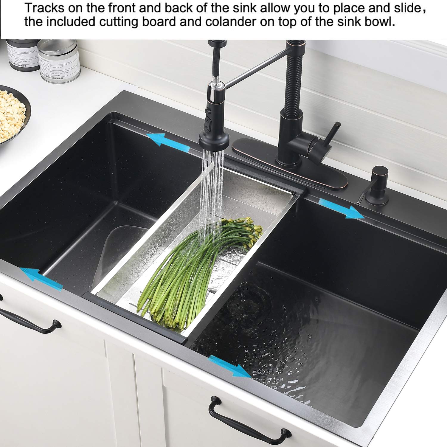 33x22-Inch Gunmetal Black Drop In Kitchen Sink - VOKIM 33 Inch Single Bowl 16 Gauge Stainless Steel Sink with Cutting Board & Strainer