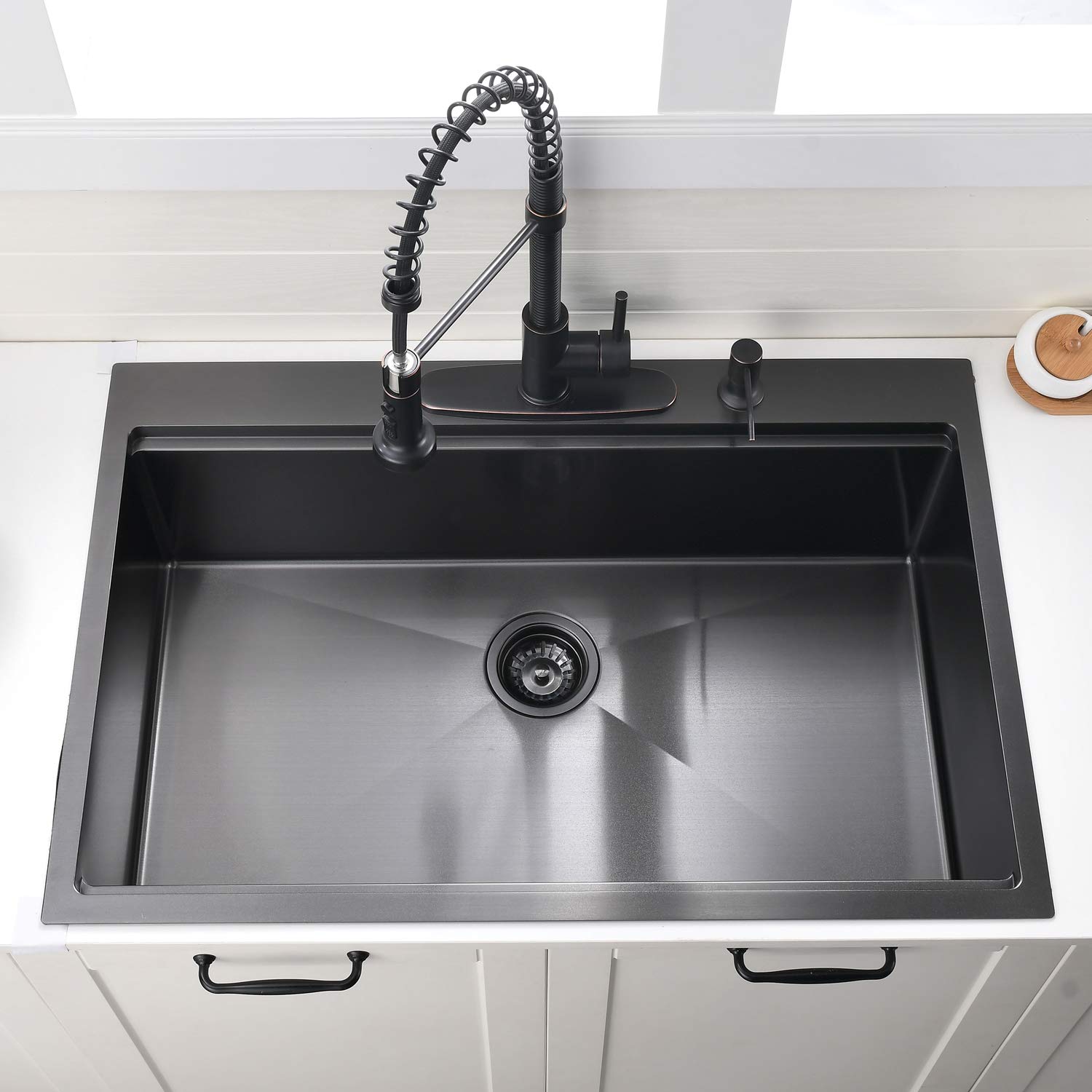 33x22-Inch Gunmetal Black Drop In Kitchen Sink - VOKIM 33 Inch Single Bowl 16 Gauge Stainless Steel Sink with Cutting Board & Strainer