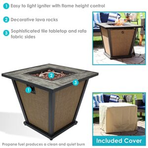 Sunnydaze Reykir 24-Inch H Square Fire Pit with Tile Tabletop and Rafa Fabric Sides - Ideal for The Patio, Deck or Backyard