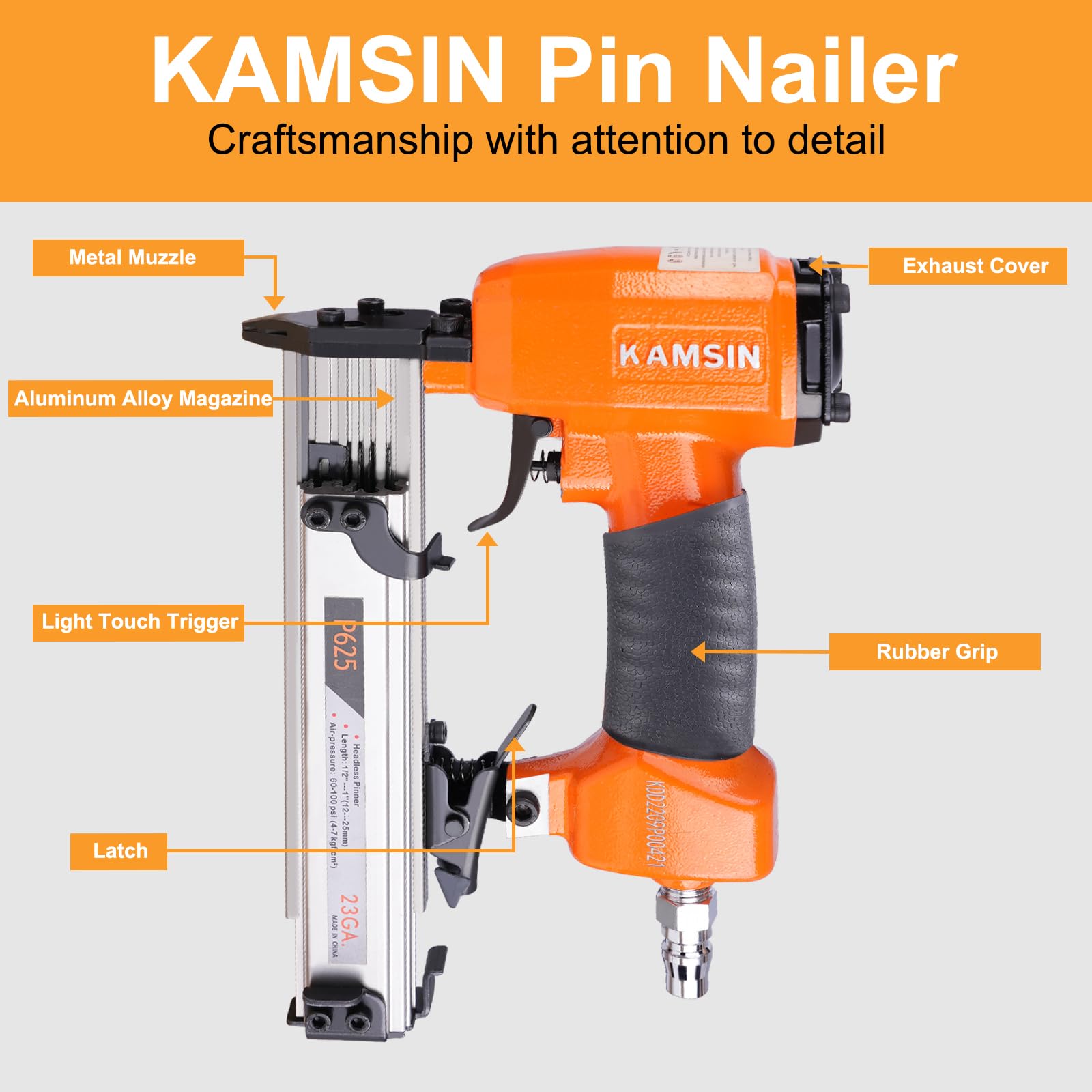 P625 23 Gauge Pneumatic Micro Pin Nailer 3/8-Inch to 1-Inch Length Air Power Headless Pinner Kit with 10,000 Pins Pin Nail Gun Pins Gun Brad Nailer Gun Finish Nailer Gun