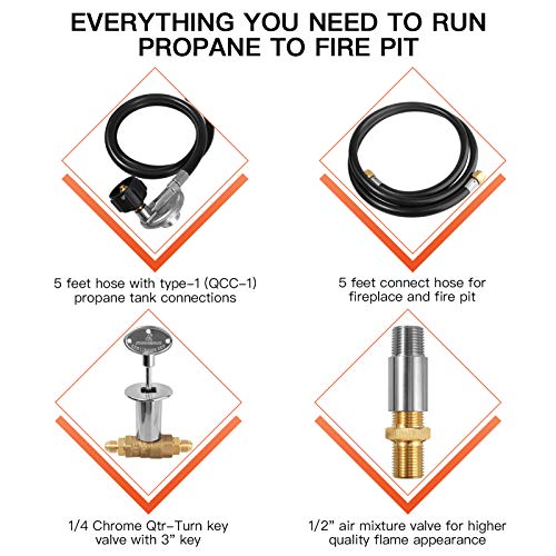 EXCELFU Fire Pit Installation Kit with 1/2" Chrome Key Valve, Propane Gas Fire Pit Valve Control System Kit Hose Assembly Replacement for Propane Gas Connection, 150K BTU Max