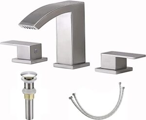friho modern widespread 3 hole waterfall brushed nickel bathroom faucet, extra large rectangular spout 8 inch bathroom vanity sink faucet with pop up drain and supply lines