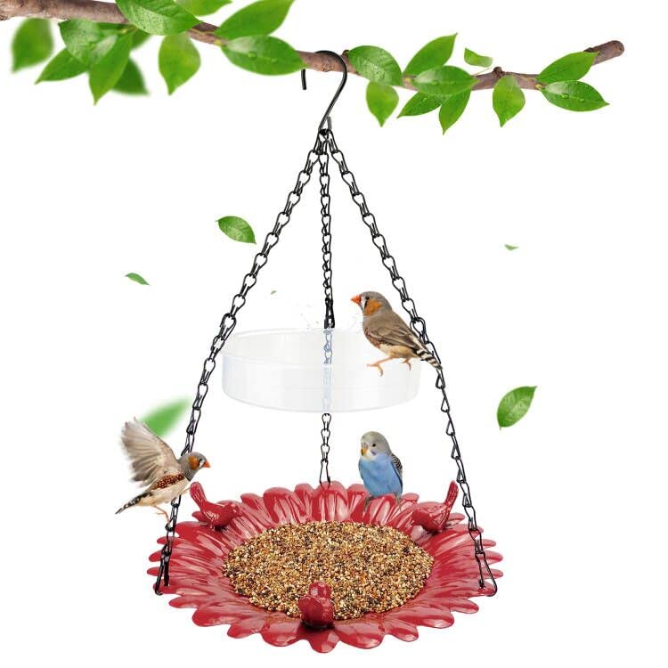 ERYTLLY Hanging Bird Feeder and Bath for Outside, Metal Wild Bird Feeder for Outdoors Garden Backyard Balcony Decor, Large Platform Bird Seed Water Feeders Tray, Bird Watching Gift, Red