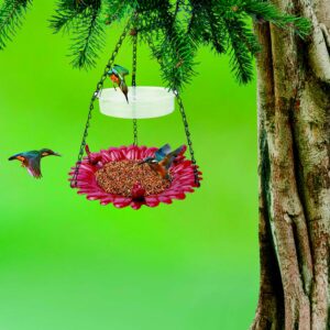 ERYTLLY Hanging Bird Feeder and Bath for Outside, Metal Wild Bird Feeder for Outdoors Garden Backyard Balcony Decor, Large Platform Bird Seed Water Feeders Tray, Bird Watching Gift, Red