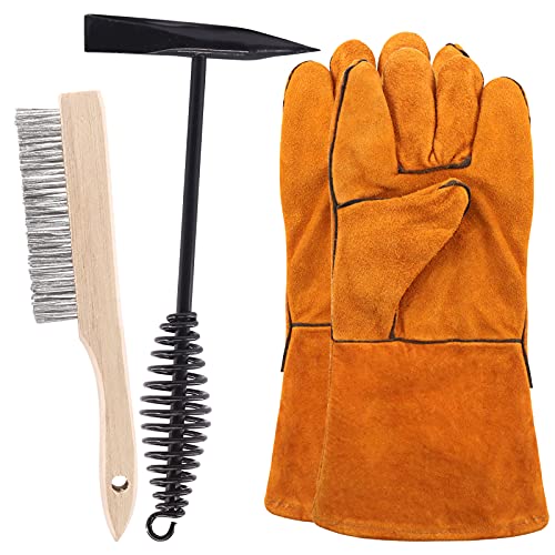 Hilitchi 3Pcs Welding Slag Removal Tool Set, Welding Chipping Hammer with Coil Spring Handle, Wire Brush Wire Scratch Brush for Cleaning Rust and Welding Protective Gloves