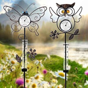 juegoal 31.5 inch rain gauge with thermometer, butterfly & owl garden stakes decor, waterproof rustproof metal yard art outdoor lawn pathway patio decorations, set of 2
