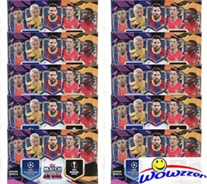 2020/21 topps match attax champions league soccer collection of (10) factory sealed foil packs with 50 cards! look for top stars including haaland, ronaldo, messi, mbappe, pulisic & more! wowzzer!
