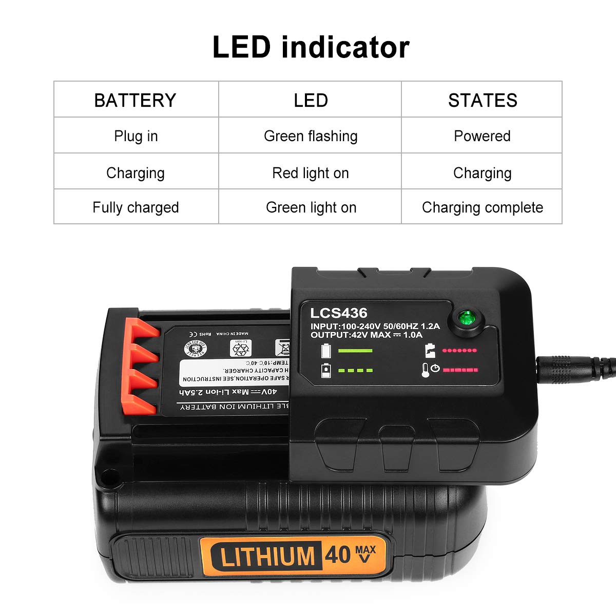 AYTXTG 40V Battery Charger LCS36 LCS40 Replacement for Black and Decker 36v 40V Max Lithium Battery Charger LBXR36 LBX36 LBXR2036 LBX1540 LBX2040 LBX2540 Black Decker Charger 40 Volt