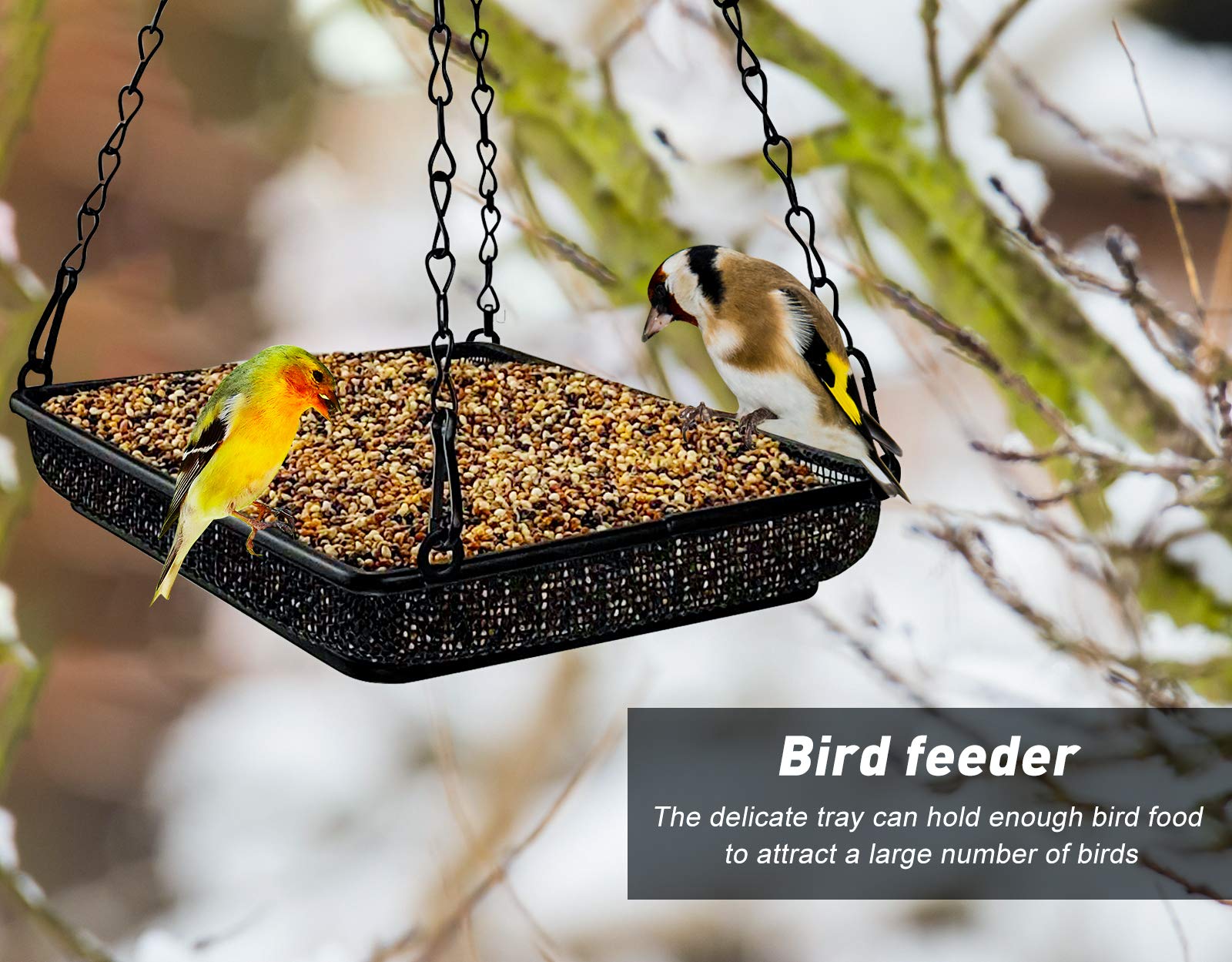 MIXXIDEA Hanging Bird Feeder Tray Metal Mesh Platform Seed Feeder with Durable Chains for Outdoors Garden Great for Attracting Birds (1 Pack)