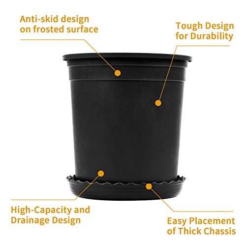 Mhonniwa 1 Gallon Nursery Pots for Plants Plastic Pots with Drainage Hole and Saucer for Indoor Outdoor Plants, Seedlings, Succulents and Cuttings, Black, 6 inch 12 Pack