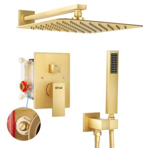 esnbia shower system, bathroom 12 inches rain shower head with handheld combo set, wall mounted high pressure rainfall dual shower head system, shower faucet set with valve and trim, brushed gold