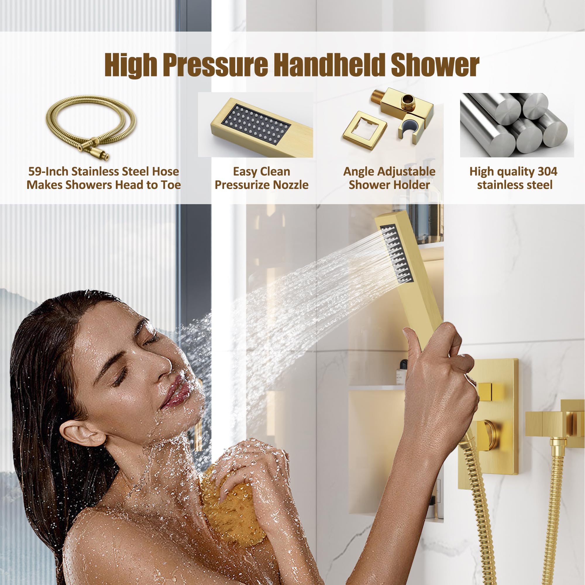 ESNBIA Shower System, Bathroom 12 Inches Rain Shower Head with Handheld Combo Set, Wall Mounted High Pressure Rainfall Dual Shower Head System, Shower Faucet Set with Valve and trim, Brushed Gold