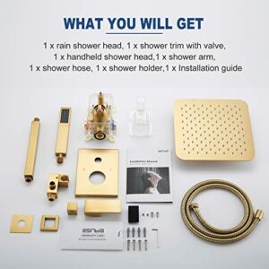 ESNBIA Shower System, Luxury 12 Inches Rain Shower Head with Handheld Combo Set, Ceiling Mounted High Pressure Rainfall Dual Shower Head System, Shower Faucet Set with Valve and Trim, Brushed Gold