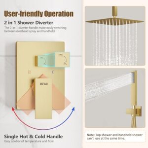 ESNBIA Shower System, Luxury 12 Inches Rain Shower Head with Handheld Combo Set, Ceiling Mounted High Pressure Rainfall Dual Shower Head System, Shower Faucet Set with Valve and Trim, Brushed Gold