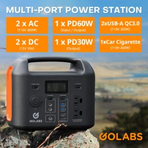 GOLABS R300 Portable Power Station, 299Wh LiFePO4 Battery Backup with 300W Pure Sine Wave AC Peak 500W, Car Outlets, PD 60W Quick in/out Solar Generator for Outdoor Camping Emergency CPAP Orange