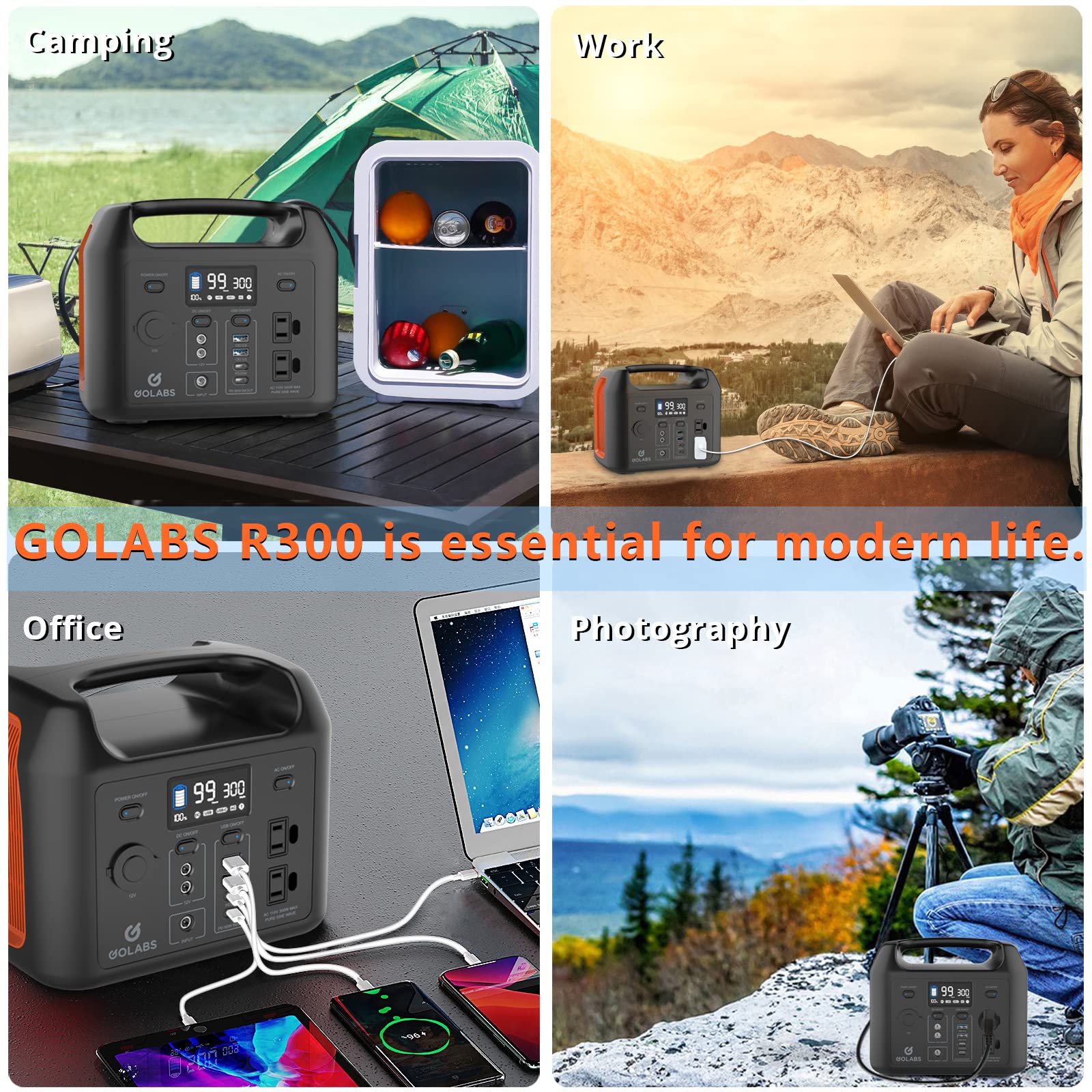 GOLABS R300 Portable Power Station, 299Wh LiFePO4 Battery Backup with 300W Pure Sine Wave AC Peak 500W, Car Outlets, PD 60W Quick in/out Solar Generator for Outdoor Camping Emergency CPAP Orange