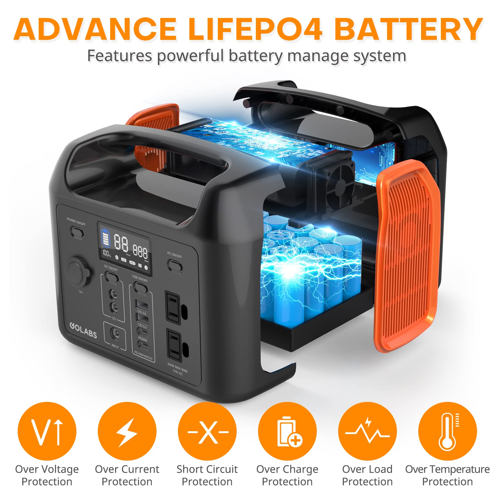 GOLABS R300 Portable Power Station, 299Wh LiFePO4 Battery Backup with 300W Pure Sine Wave AC Peak 500W, Car Outlets, PD 60W Quick in/out Solar Generator for Outdoor Camping Emergency CPAP Orange