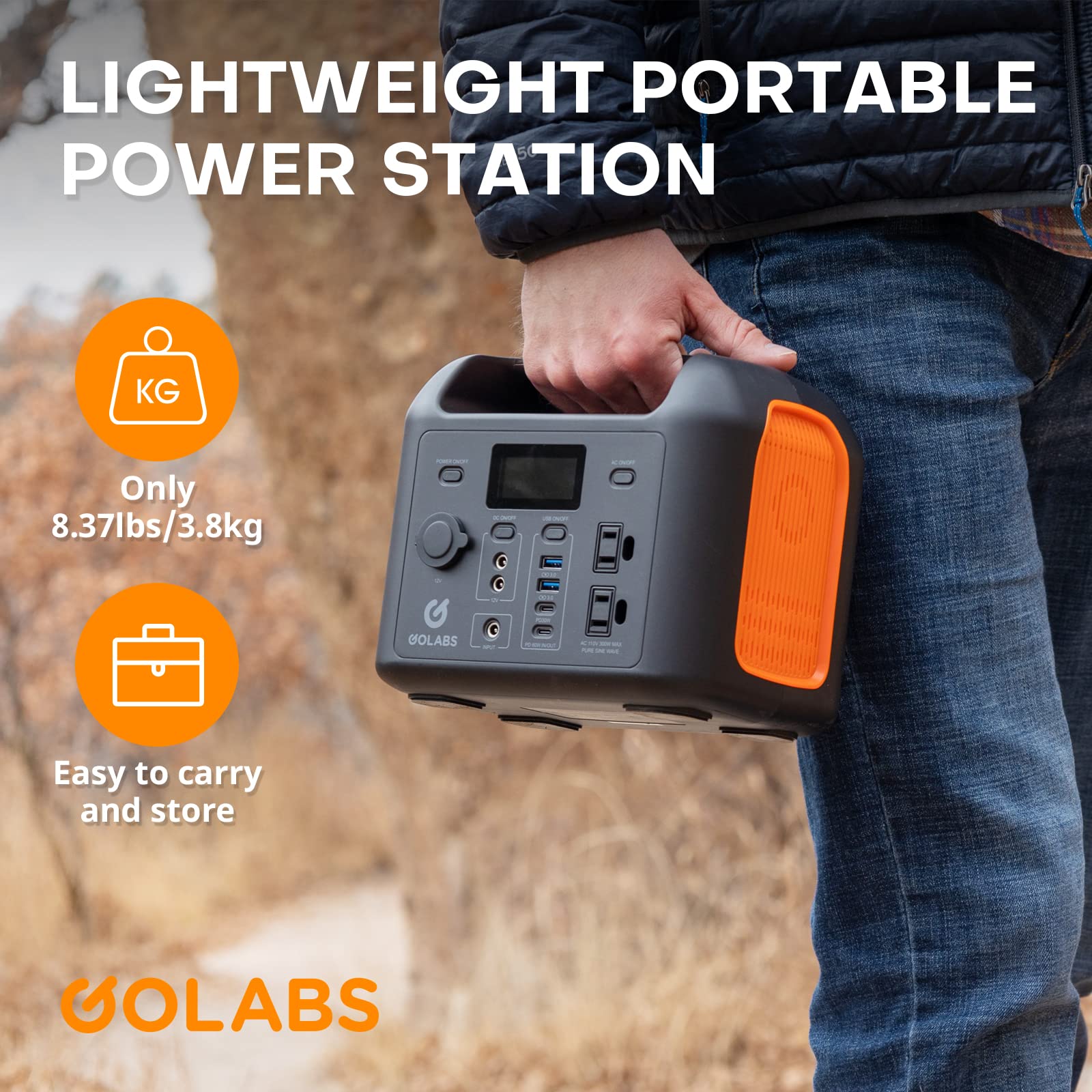 GOLABS R300 Portable Power Station, 299Wh LiFePO4 Battery Backup with 300W Pure Sine Wave AC Peak 500W, Car Outlets, PD 60W Quick in/out Solar Generator for Outdoor Camping Emergency CPAP Orange