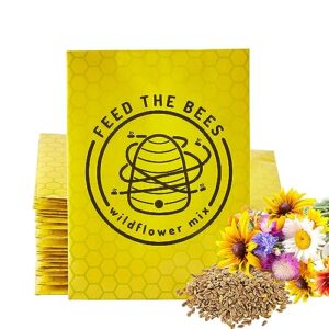 american meadows wildflower seed packets "feed the bees'' party favors (pack of 20) - pollinator wildflower seed mix to attract hummingbirds, bees, and butterflies, party favor for any occasion