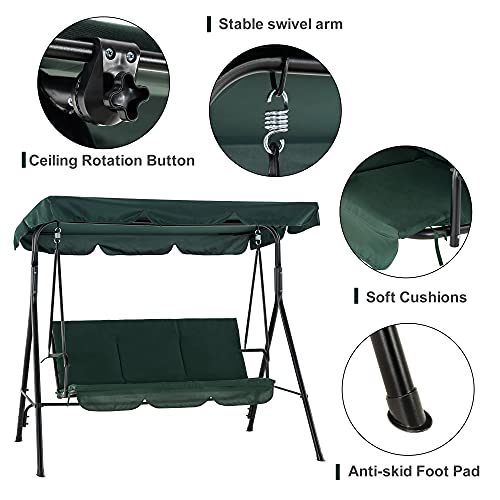 MCombo 3-Person Outdoor Patio Swing Chair, Convertible Canopy Hanging Swing Glider Lounge Chair, Removable Cushions, 4003 (Green)