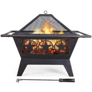 yaheetech fire pit 32in fire pits for outside outdoor fireplace large square wood burning fire pit heavy duty for patio bbq camping bonfire with spark screen, mesh cover, poker
