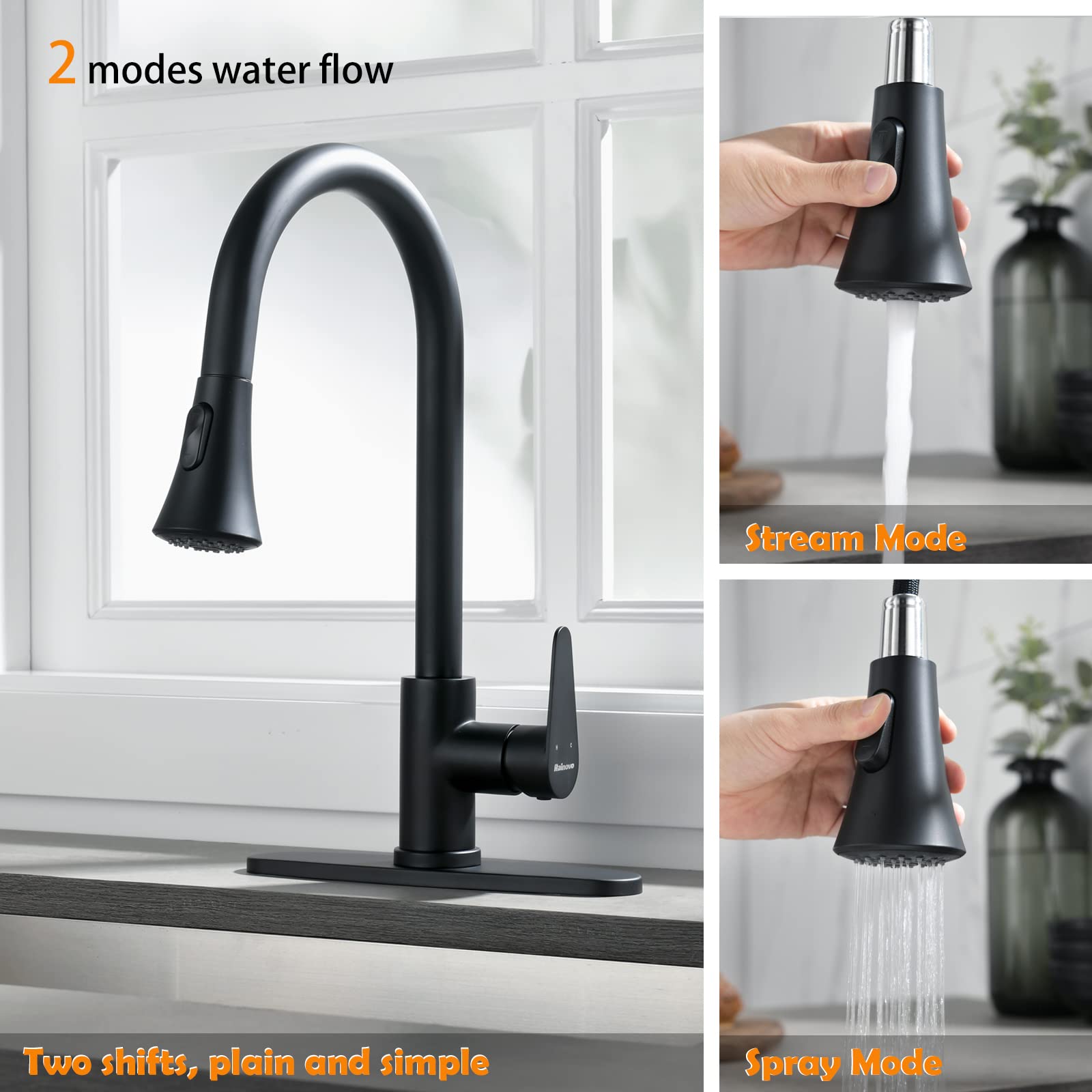 Rainovo Kitchen Faucet with Pull Down Sprayer Matte Black, 3 Hole Kitchen Sink Faucet Stainless Steel Single Handle, High Arc Faucets with Deck Plate Commercial Modern with Pull Out Sprayer