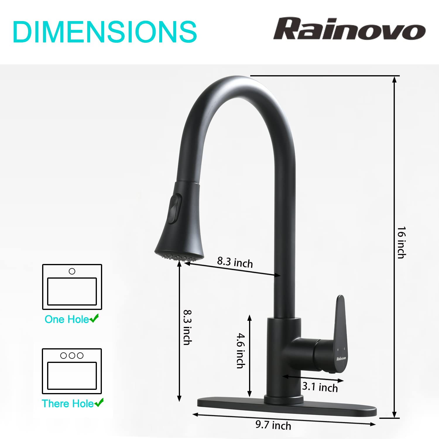 Rainovo Kitchen Faucet with Pull Down Sprayer Matte Black, 3 Hole Kitchen Sink Faucet Stainless Steel Single Handle, High Arc Faucets with Deck Plate Commercial Modern with Pull Out Sprayer