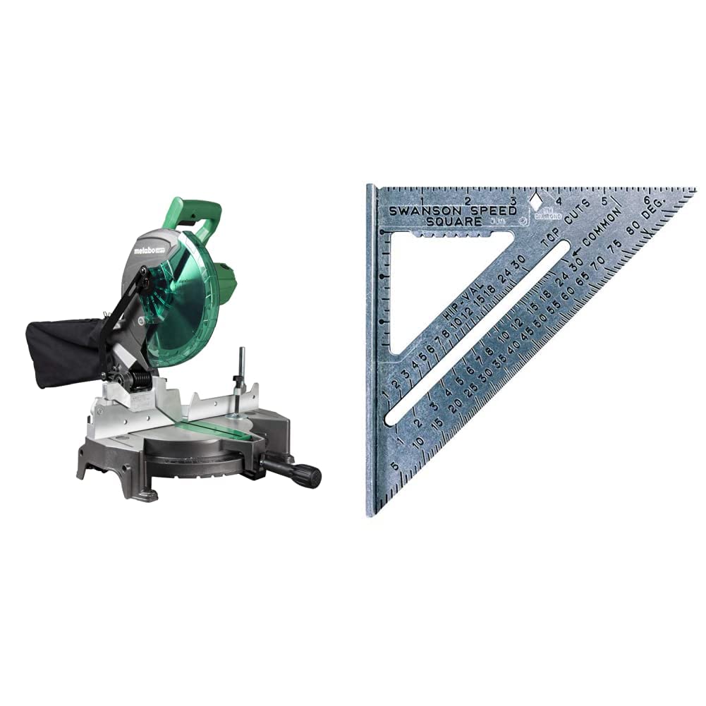 Metabo HPT 10-Inch Miter Saw | Single Bevel | Compound | 15-Amp Motor | C10FCGS & SWANSON Tool Co S0101 7 Inch Speed Square, Blue