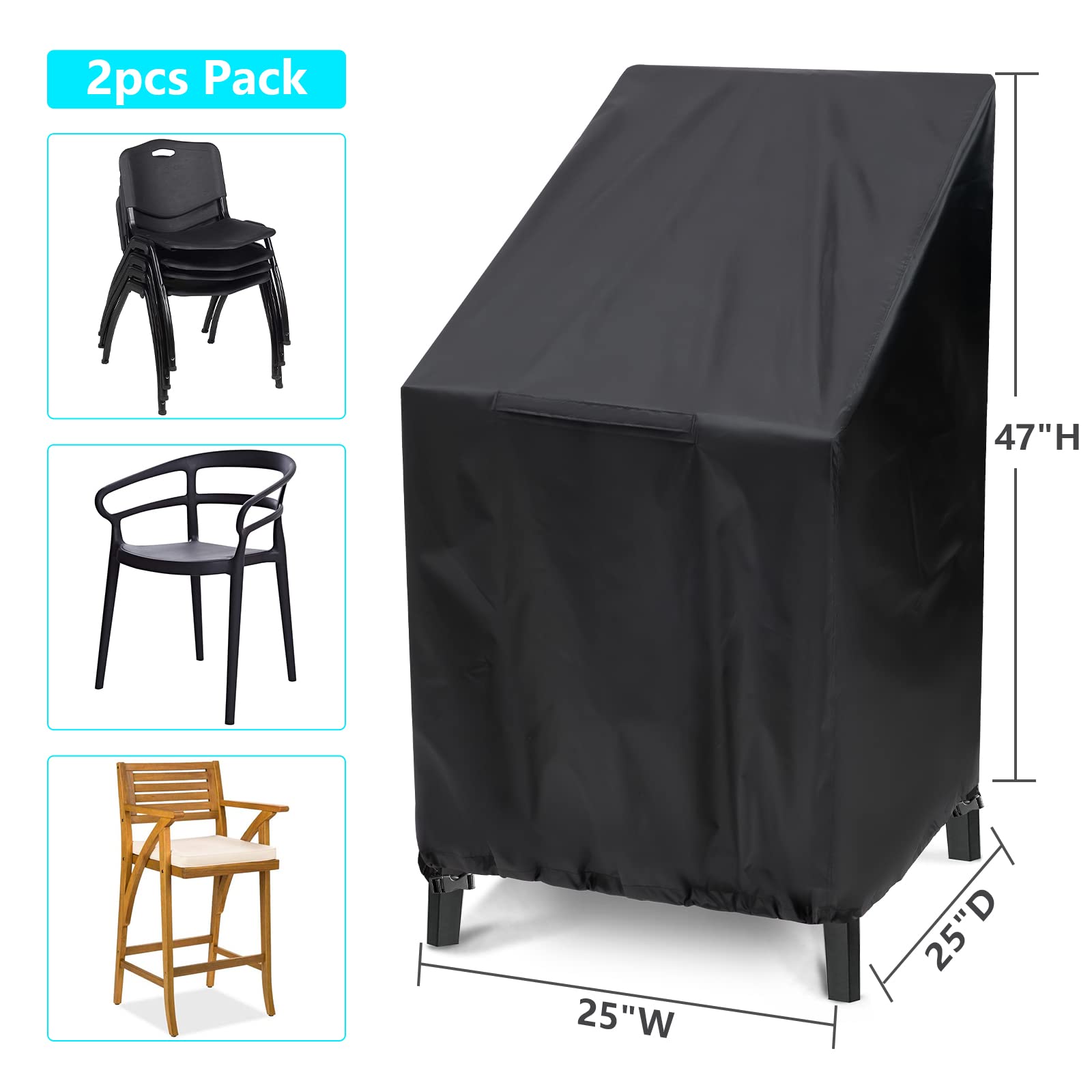 Outdoor Chair Covers Waterproof 2 Pack, High Back Patio Chair Covers for Outdoor Furniture Cover, Stacking Chair Cover Anti-UV, Snow Dust Wind-Proof, Patio Furniture Covers 47"×25"×25"