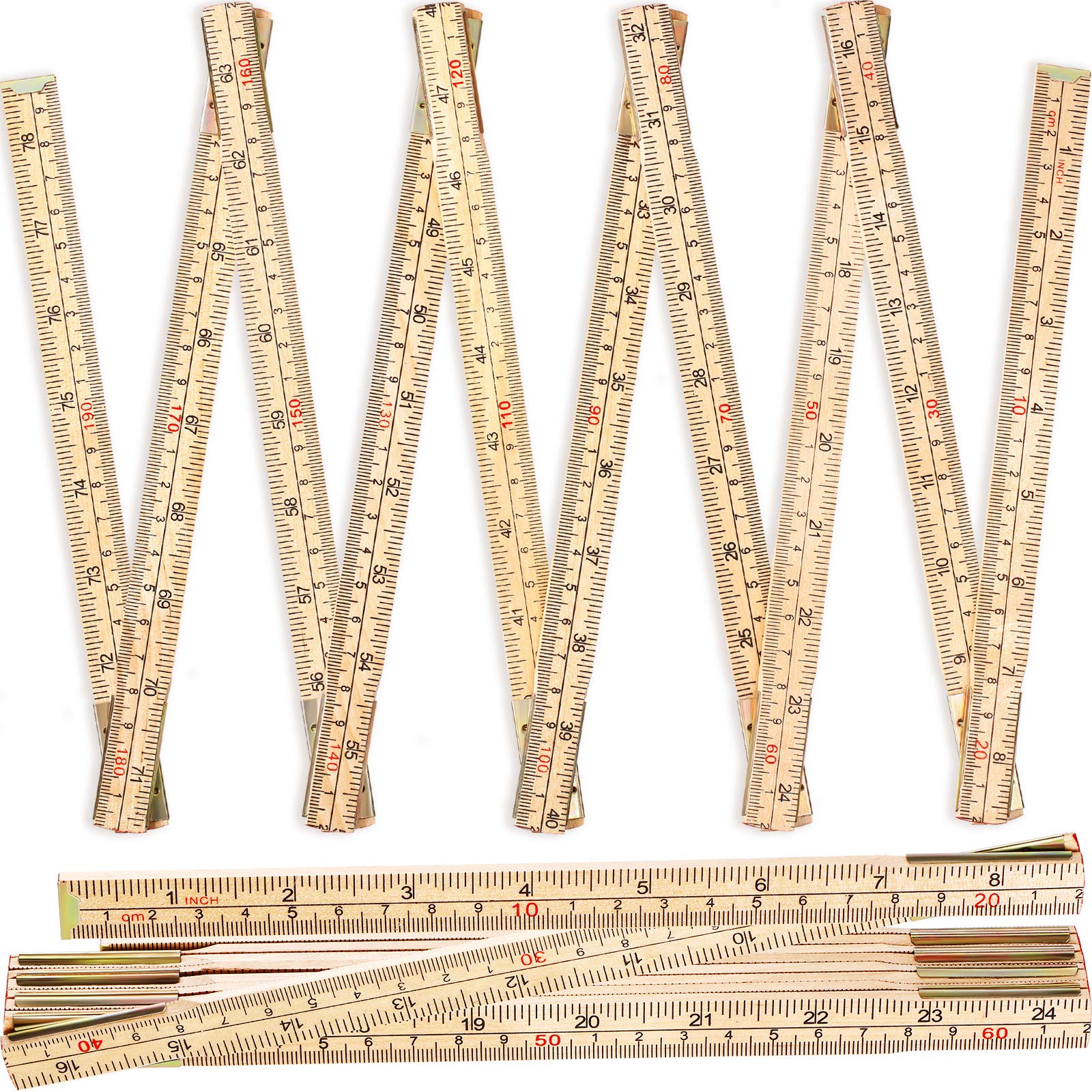 2 Pieces Folding Wood Rulers Measuring Sticks 6.6 Feet Wooden Foldable Ruler Yardstick with Brass Slide Measuring Rule Outside Inches Inside Centimeter Read for Woodwork DIY Craft Carpenter Engineers