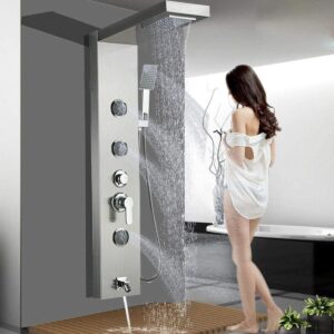 alenart shower panel massage jets rainfall waterfall shower head, shower stainless steel wall mount massage multi-function bathroom shower panel tower system, brushed nickel……