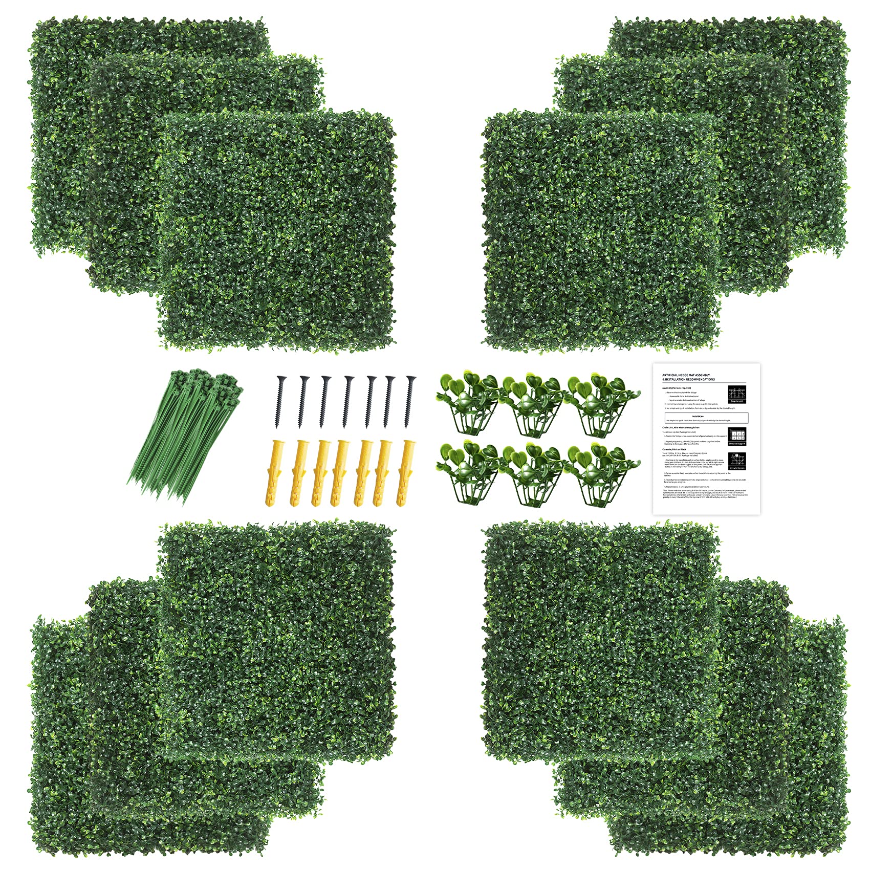 KASZOO 12Pack 20"x20" Artificial Boxwood Grass Backdrop Panels Topiary Hedge Plant, UV Protected Privacy Hedge Screen Faux Boxwood for Outdoor,Indoor,Garden,Fence,Backyard,Greenery Walls