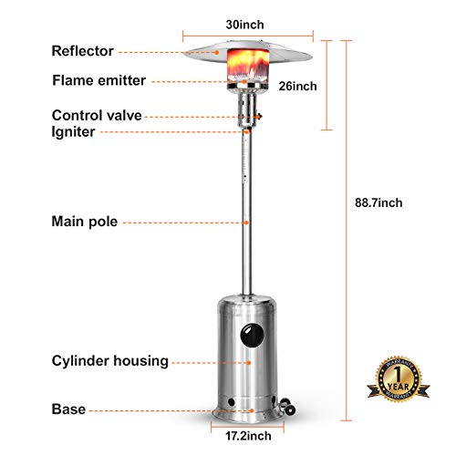 Legacy Heating 47000 BTU Outdoor Propane Patio Heater, Stainless Steel Outside Space Gas Heater with Wheels, Standing Patio Floor Air Heater, for Commercial, Residential, Garden, Porch, Party, Deck