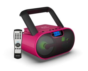 riptunes cd player boombox portable radio am/fm bluetooth boombox mp3/cd, usb, msd, aux, headphone jack stereo sound system with enhanced bass, led lights, lcd display with remote, pink