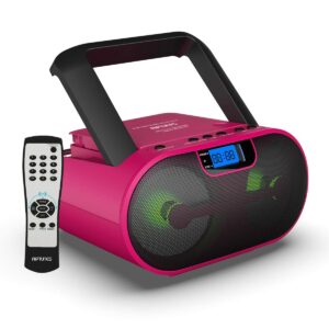 Riptunes CD Player Boombox Portable Radio AM/FM Bluetooth Boombox MP3/CD, USB, mSD, Aux, Headphone Jack Stereo Sound System with Enhanced Bass, LED Lights, LCD Display with Remote, Pink