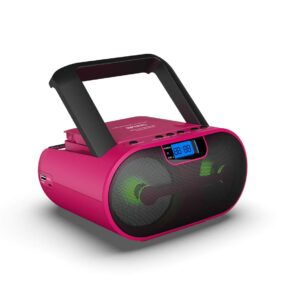 Riptunes CD Player Boombox Portable Radio AM/FM Bluetooth Boombox MP3/CD, USB, mSD, Aux, Headphone Jack Stereo Sound System with Enhanced Bass, LED Lights, LCD Display with Remote, Pink