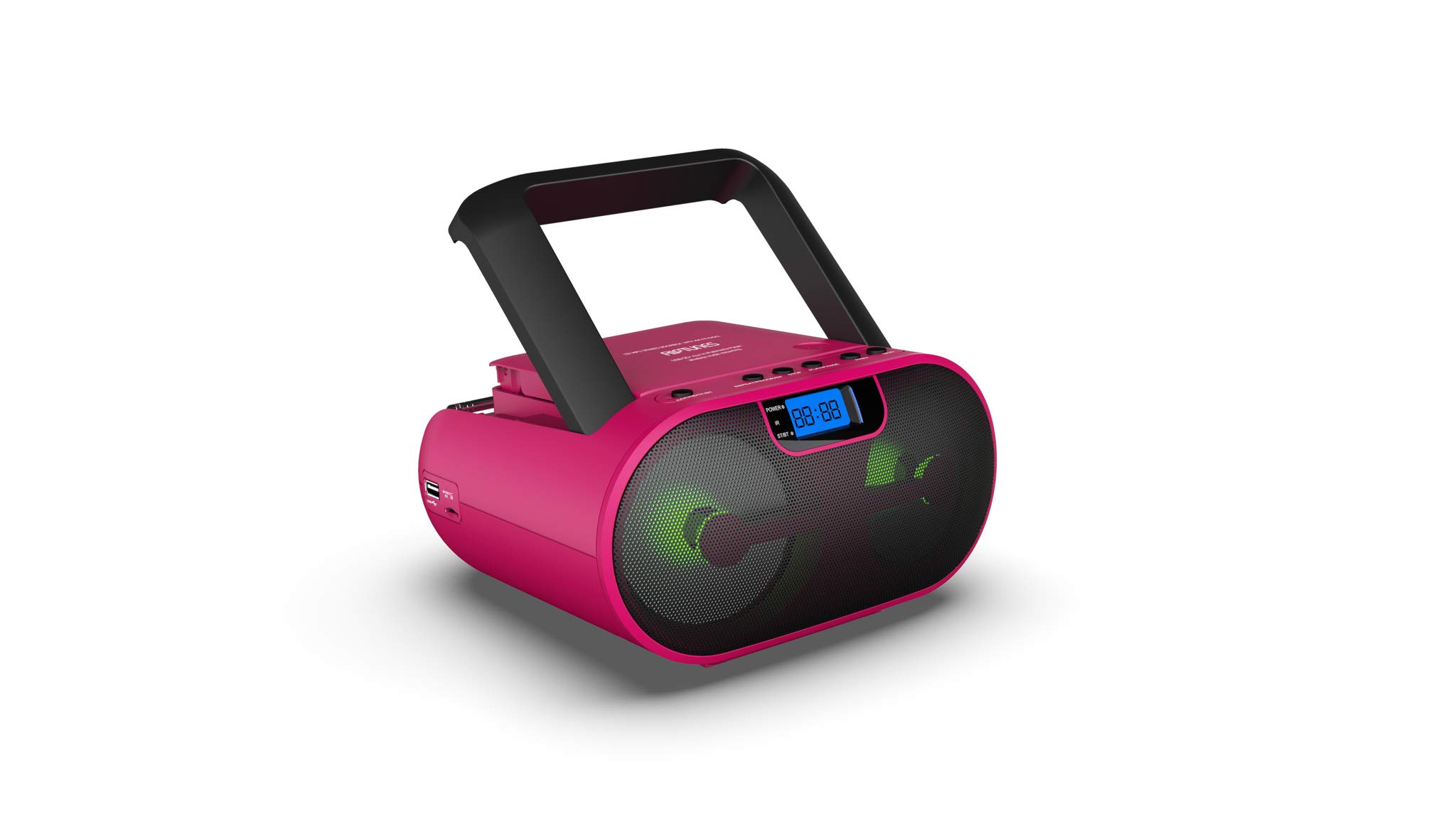 Riptunes CD Player Boombox Portable Radio AM/FM Bluetooth Boombox MP3/CD, USB, mSD, Aux, Headphone Jack Stereo Sound System with Enhanced Bass, LED Lights, LCD Display with Remote, Pink