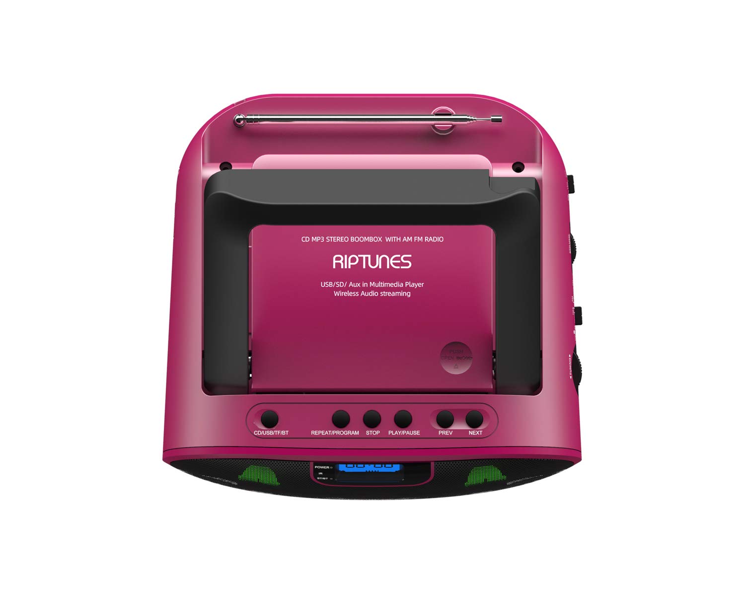 Riptunes CD Player Boombox Portable Radio AM/FM Bluetooth Boombox MP3/CD, USB, mSD, Aux, Headphone Jack Stereo Sound System with Enhanced Bass, LED Lights, LCD Display with Remote, Pink