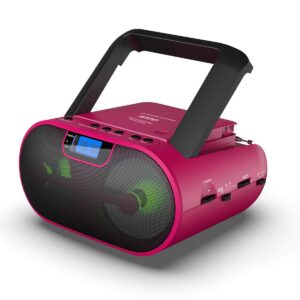 Riptunes CD Player Boombox Portable Radio AM/FM Bluetooth Boombox MP3/CD, USB, mSD, Aux, Headphone Jack Stereo Sound System with Enhanced Bass, LED Lights, LCD Display with Remote, Pink