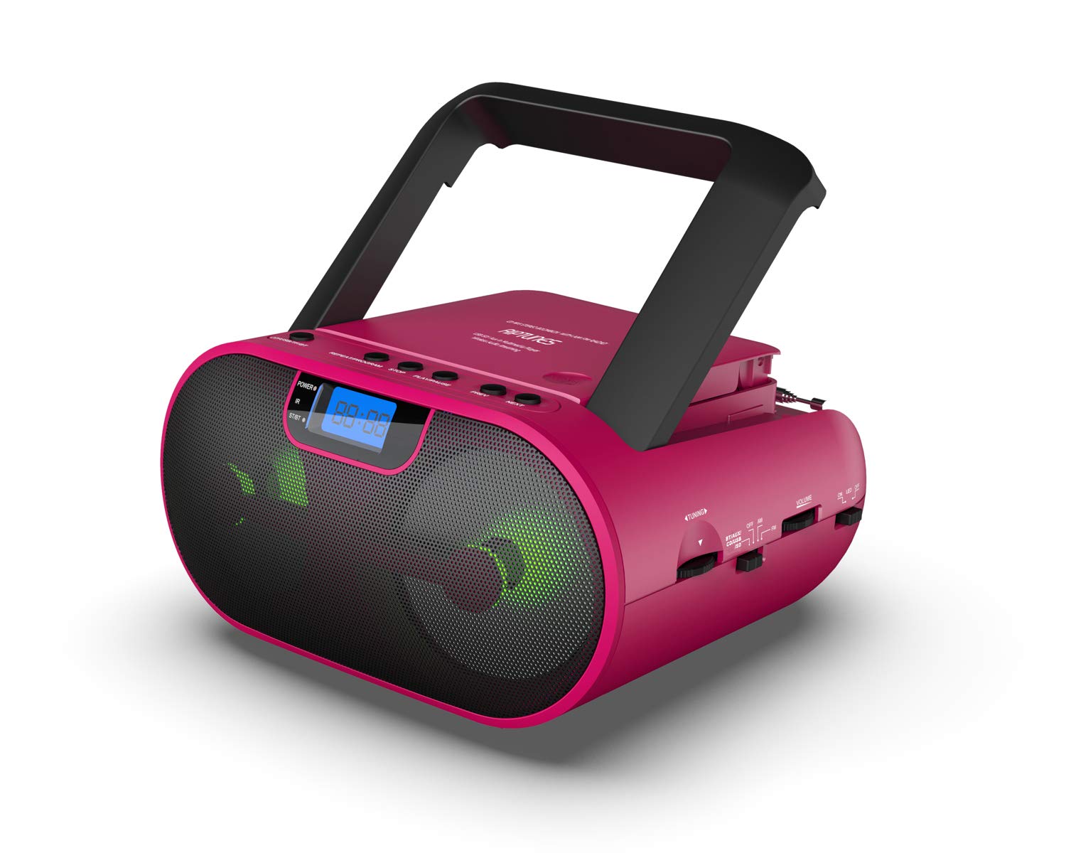 Riptunes CD Player Boombox Portable Radio AM/FM Bluetooth Boombox MP3/CD, USB, mSD, Aux, Headphone Jack Stereo Sound System with Enhanced Bass, LED Lights, LCD Display with Remote, Pink