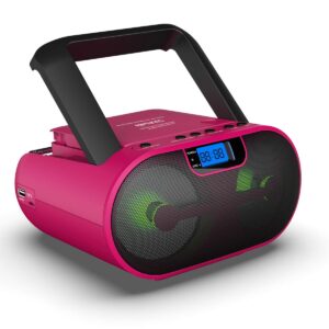 Riptunes CD Player Boombox Portable Radio AM/FM Bluetooth Boombox MP3/CD, USB, mSD, Aux, Headphone Jack Stereo Sound System with Enhanced Bass, LED Lights, LCD Display with Remote, Pink