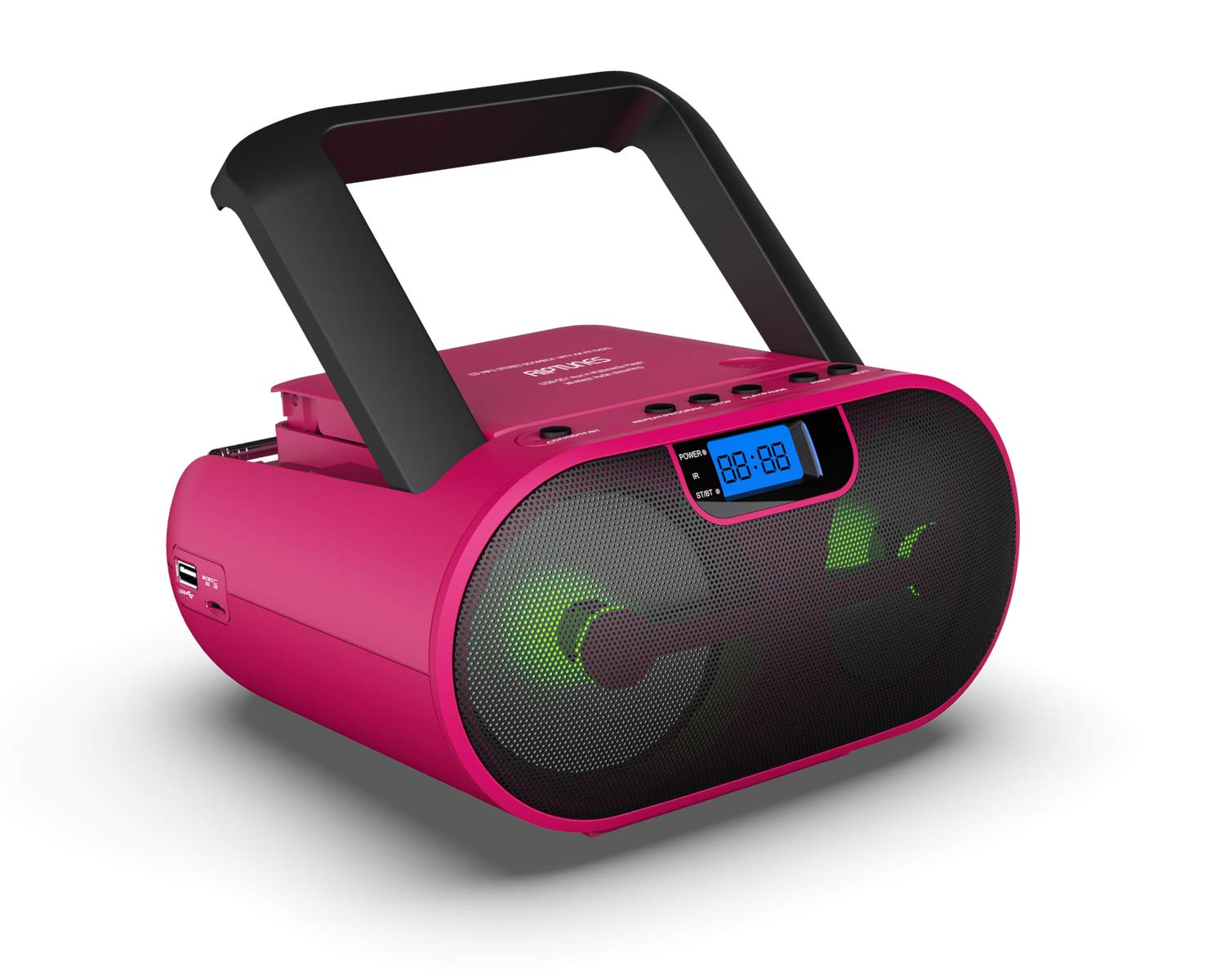 Riptunes CD Player Boombox Portable Radio AM/FM Bluetooth Boombox MP3/CD, USB, mSD, Aux, Headphone Jack Stereo Sound System with Enhanced Bass, LED Lights, LCD Display with Remote, Pink