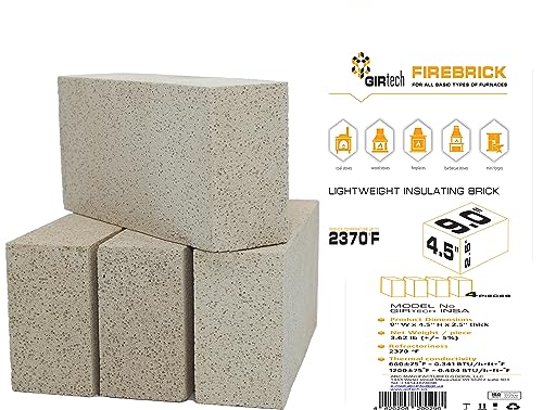 GIRtech Insa-4 Universal Insulating Fire Bricks - 2370F Pack of 4 - for Ovens, Forge, Kiln, Fireplace, Wood Stove - High Insulation Extra Low Thermal Conductivity Durable & Lightweight